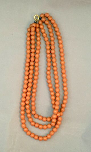 Antique Triple Strand Salmon Pink Coral Bead Necklace 12k Gold Filled Clasp