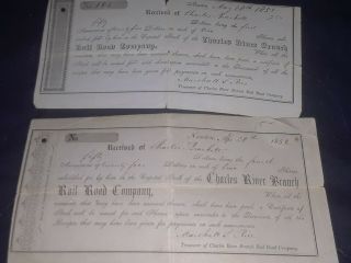 Two 1851 - 1852 Stock Receipts For The Charles River Branch Railroad Massachusetts