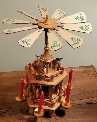 Vintage German Christmas Nativity Pyramid Wood 2 Tier Candle Windmill Carousel