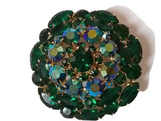 Vintage Emerald Green Color & Ab Layered Rhinestone Brooch Pin