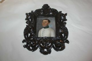 Antique Miniature Painting Portrait Young Soldier On Tin In Carved Wood Frame