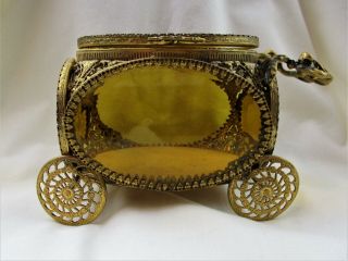 Antique,  Gold Gilt Ormolu,  Beveled Glass Jewelry Casket " Royal Coach ",  Unique