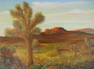 Old Vintage Oil On Board Painting Framed Western Landscape Desert Flower Scene