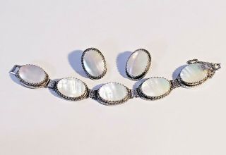 Vintage Whiting And Davis Mother Of Pearl Bracelet And Clip - On Earring Set