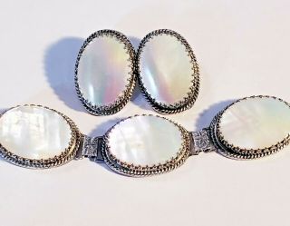 Vintage Whiting and Davis Mother of Pearl Bracelet and Clip - On Earring Set 2