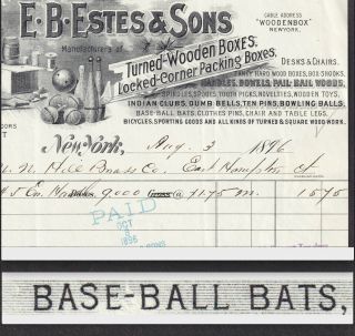 19th Century Baseball Bat Maker 1896 E.  B Estes & Sons Ny Letterhead Indian Clubs