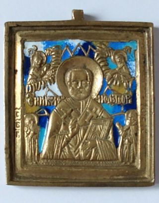 Antique Russian Orthodox Bronze & Enamel Icon St Nicholas Travel Signed