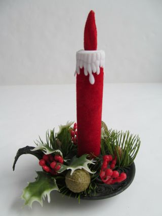 Vintage Christmas Red - Flocked Candle And Holder 6 " Mini Plastic W/ Greenery A