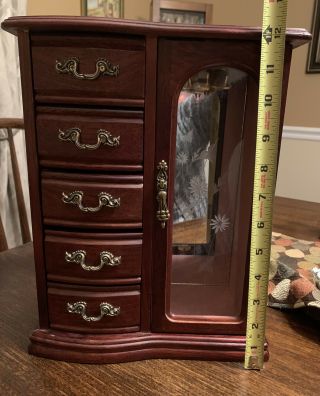 Vintage Wood Jewelry Box Armoire Drawers Glass Etched Flower Door Carrousel 3