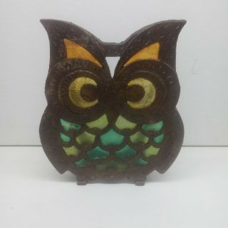 Vintage Cast Iron Owl Stained Glass Napkin Holder Patina