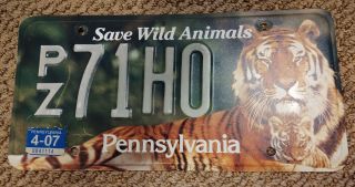 Pennsylvania Pa Zoo Tiger Save Wild Animals Conserve Wildlife License Plate 2007