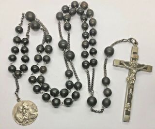 † Nun Antique Black Wooden Beads Habit Rosary W Holy Family Medal †