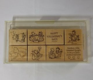 Stampin Up Mice Valentines Day Retired Vintage Wood Rubber Stamp Set Of 8