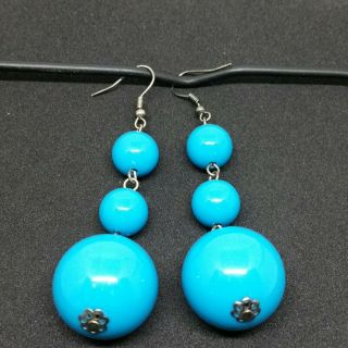 Vtg Chunky Turquoise Acrylic Bead Dangle Earrings 2 - 1/2 Inch Ad327
