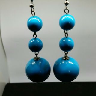 VTG Chunky Turquoise Acrylic Bead Dangle Earrings 2 - 1/2 inch AD327 2
