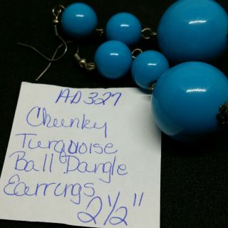 VTG Chunky Turquoise Acrylic Bead Dangle Earrings 2 - 1/2 inch AD327 3