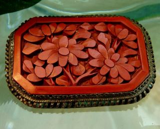 Authentic Vintage Signed China Chinese Export Carved Cinnabar Octagon Pin Brooch
