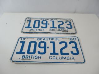 Bc British Columbia License Plate Matching Pair 1968 Blue White 109 123
