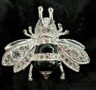 Vintage Bumble Bee Brooch Pin Clear Rhinestones Silvertone Metal Black Enamel