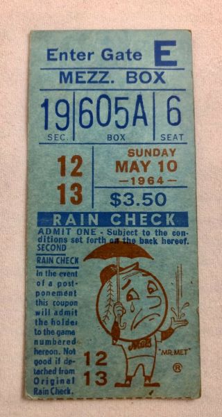 May 10,  1964 York Mets Vs Cards Ticket Stub 1st Ever Doubleheader At Shea