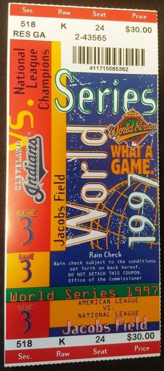 1997 World Series Ticket Game 3 - Cleveland Indians / Florida Marlins / Mlb
