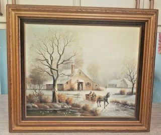 Larry Mayer Vintage Oil Painting Winter Landscape Signed Framed Canvas