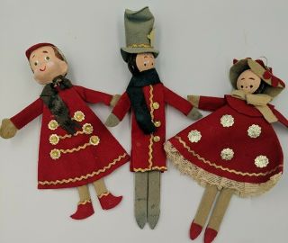 Vintage Christmas Ornaments Japan 50 - 60s Detailed Set Of 3 Carolling Red Gold