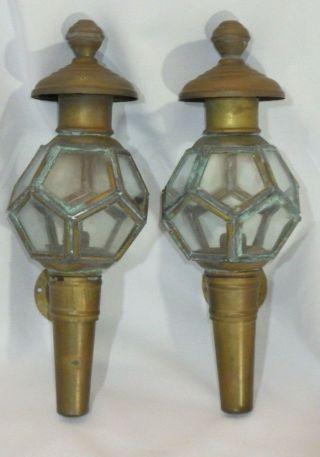 Pair Antique Brass & Pentagon Glass Panels Wall Mount Oil Lamp Lantern Sconces
