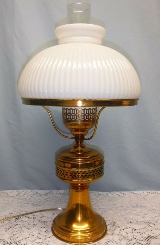 Vintage Antique Old Brass Table Lamp W/ Ribbed Milk Glass Shade