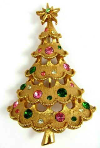 Vintage Signed Mylu Scalloped Christmas Tree Brooch Pin Pink & Green Rhinestones