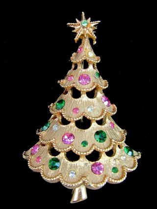 Vintage Signed MYLU Scalloped Christmas Tree Brooch Pin Pink & Green Rhinestones 2