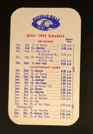 Vintage 1965 Buffalo Bills Afl Football Pocket Schedule From Ken - Ton Printing