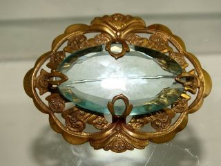 Antique Art Nouveau Brass/gold Tone C - Clasp Big Aqua Sky Blue Glass Stone Brooch