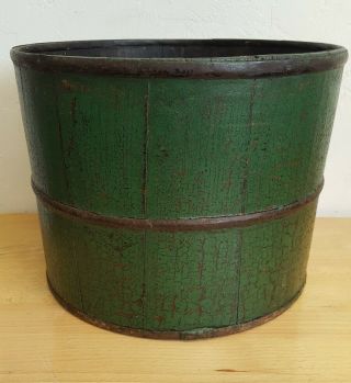 Vintage Primitive Green Painted Wood Wooden Bucket Pail AAFA Old Farmhouse Decor 2