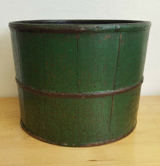 Vintage Primitive Green Painted Wood Wooden Bucket Pail AAFA Old Farmhouse Decor 3