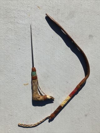 Vintage Indian Leather Horse Riding Crop With Deer Hoof Handle And Knife
