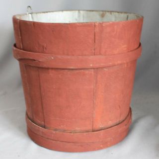 Primitive Vtg Staved Wooden Sap Syrup Bucket Old Red Paint Hand Made Wood Bands