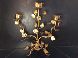 Vintage Mid Century Italian Tole Gold Gilt Hollywood Regency Candle Holder Roses