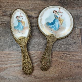 Antique Brass Plated Hairbrush And Hand Mirror Set