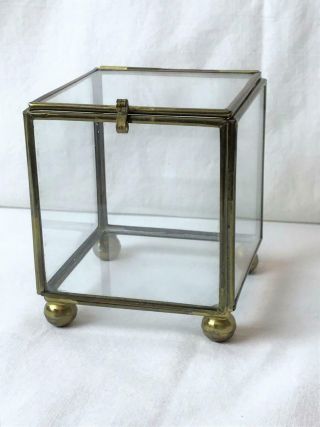 Vtg Glass Brass Curio Cabinet Footed Cube Tabletop Display Case