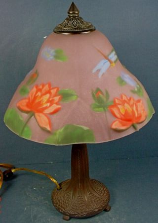 Vintage Reverse Painted Glass Puffy Style Table Lamp