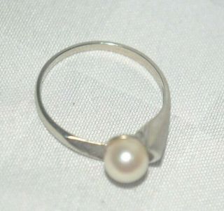 MCM Vintage 10K White Gold Mid - Century Modern Pearl Solitaire Ladies Ring Sz 6 2