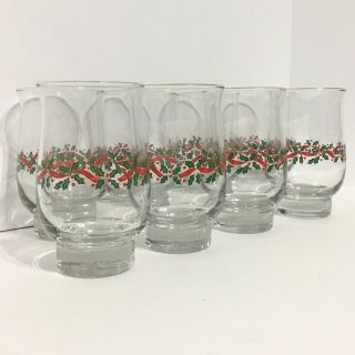 Set Of 8 Libbey Vintage Holiday Glasses Holly And Red Ribbon