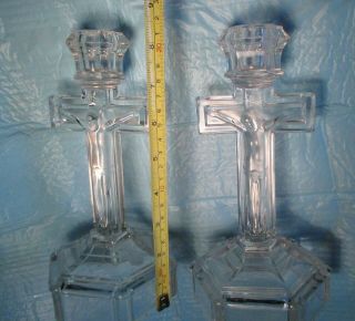 Vintage Pair Glass Crucifix Candlesticks Candle Holders Church Religious Decor