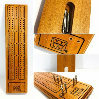 Vintage Cribbage Board Whitman - Wood W/ 7 Metal Pegs - Approx.  12” 040