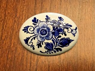 Vintage Porcelain Flower Brooch Blue & White Delft Holland Pin