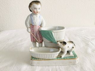 Antique Porcelain Match Holder / Striker Conta & Boehme Boy With Dog Figurine