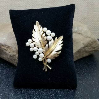 Vintage Crown Trifari Brushed Gold Tone Double Leaf & Faux Pearl Berry Brooch
