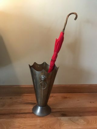 Vtg Solid Brass Lion Head Handles Umbrella Stand Cane Holder Vase Pot (2 Avail)