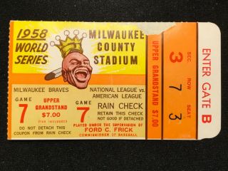 1958 World Series Ticket Yankees Milwaukee Braves Mantle Hank Aaron Game 7